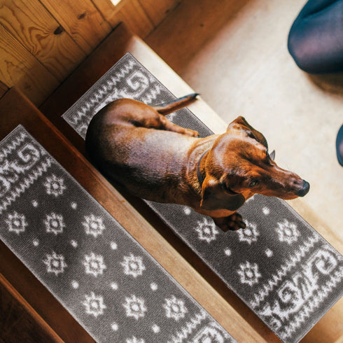 Ajnur Gray/White Authentic Turkish Premium Quality Stair Rugs - Medium Pile - Machine Washable Indoor Carpet Stair Treads-Multi Pack Sets With TPE Backing