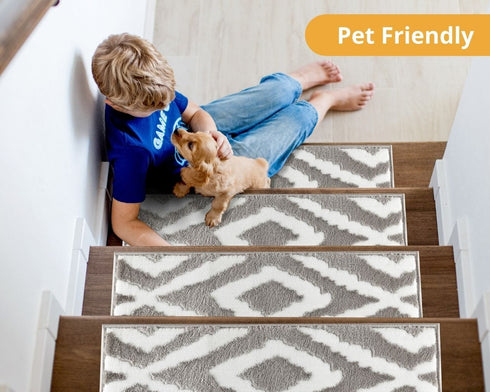 White/Gray Bella Premium Turkish Carpet Stair Treads Machine Washable with TPR Backing-Multi pack sets