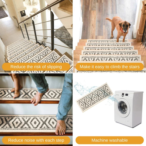 Snow Aura Gray/White - Premium Turkish Shag Carpet Indoor Stair Treads Washable withTPR Backing Machine Washable-Multi setsg