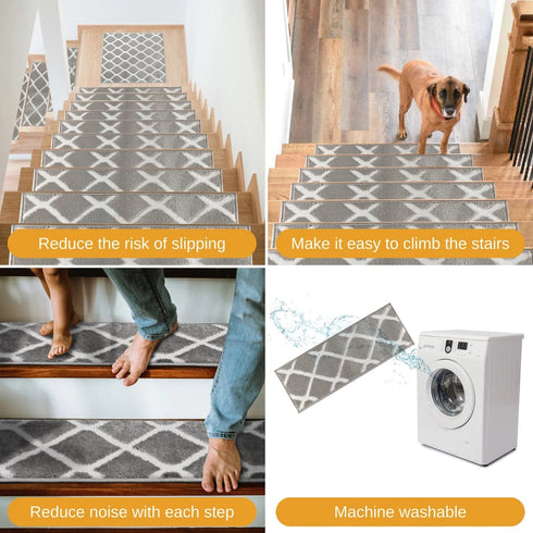 Gray/White Willow Premium Quality Turkish Carpet Stair Treads - Machine Washable Non Slip Stair Treads with TPR Backing