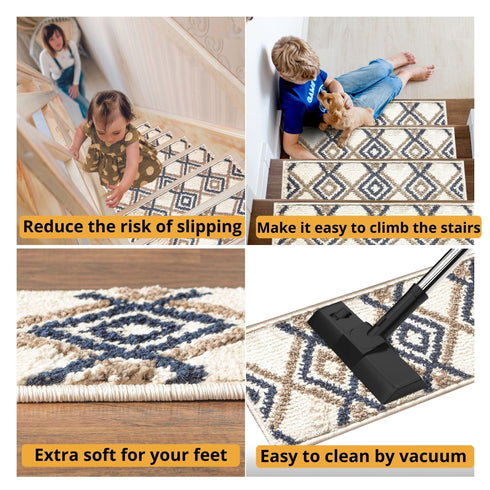 White/Brown Shag Stair Tread Rugs Machine Washable with Rubber Backing