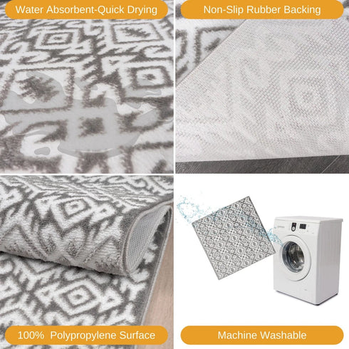 Aztec Gray & White Floral Indoor Front Door Rug Washable Indoor Doormat for Entrance with Non Slip Rubber Backing