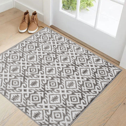 Aztec Gray & White Floral Indoor Front Door Rug Washable Indoor Doormat for Entrance with Non Slip Rubber Backing