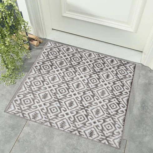 Aztec Gray & White Floral Indoor Front Door Rug Washable Indoor Doormat for Entrance with Non Slip Rubber Backing