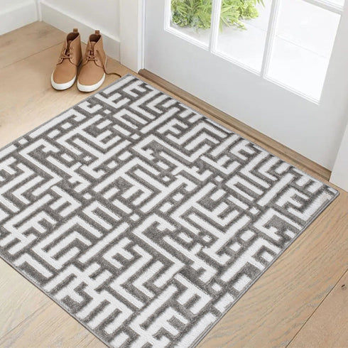 Water Oak Gray & White Geometric Indoor Front Door Rug Washable Indoor Doormat for Entrance with Non Slip Rubber Backing