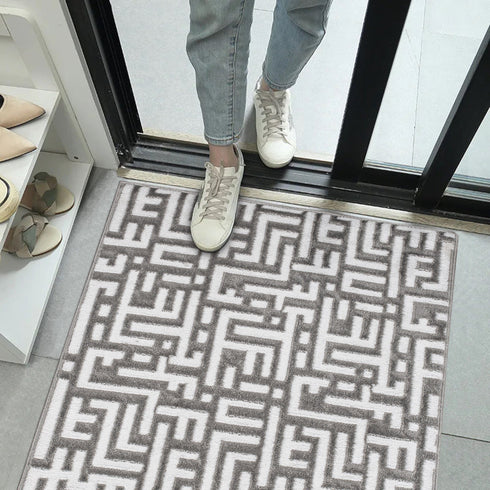 Water Oak Gray & White Geometric Indoor Front Door Rug Washable Indoor Doormat for Entrance with Non Slip Rubber Backing