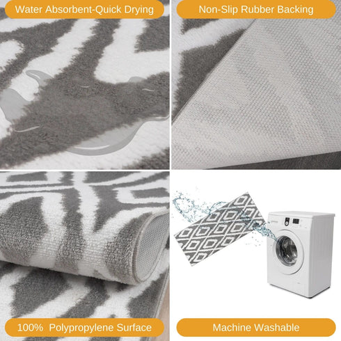 Meadow Gray Authentic Turkish Rugs Premium Quality 2 Piece Geometric Kitchen Rugs Set with Non Slip TPR Backing Machine Washable
