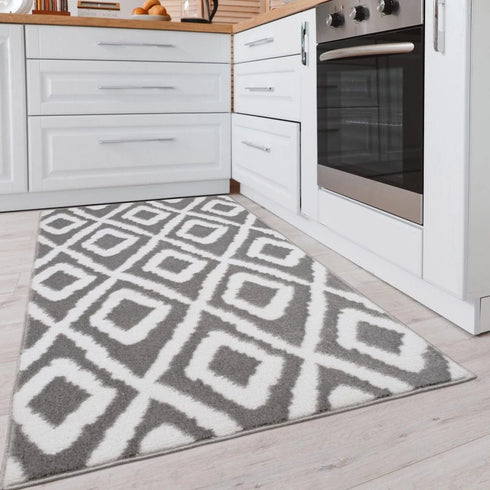 Meadow Gray Authentic Turkish Rugs Premium Quality 2 Piece Geometric Kitchen Rugs Set with Non Slip TPR Backing Machine Washable