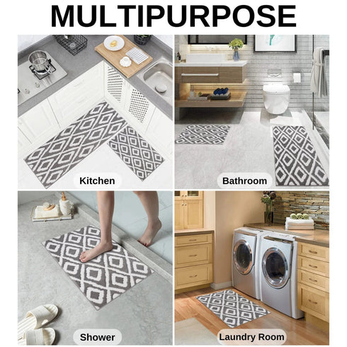 Meadow Gray Authentic Turkish Rugs Premium Quality 2 Piece Geometric Kitchen Rugs Set with Non Slip TPR Backing Machine Washable