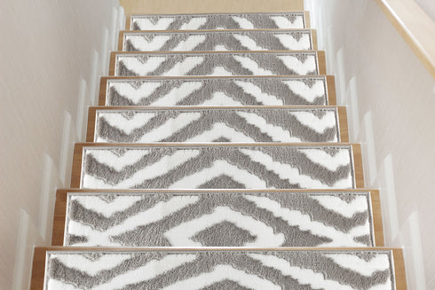 White/Gray Bella Premium Turkish Carpet Stair Treads Machine Washable with TPR Backing-Multi pack sets