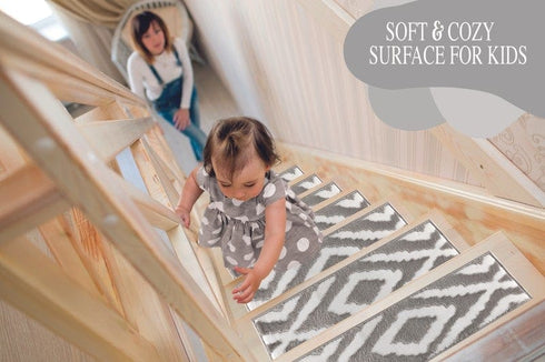 Meadow - Low Pile Geometric Grey Stair Treads (Set of 13)