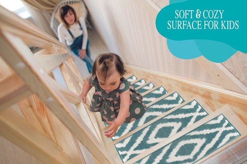 Meadow - Blue Turkish Premium Quality Stair Rugs Geometric Indoor Stair Treads Machine Washable