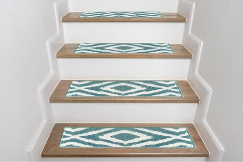 Meadow - Blue Turkish Premium Quality Stair Rugs Geometric Indoor Stair Treads Machine Washable