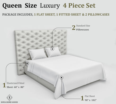 Signature 100% Cotton Sheets - 4 Piece - Sheet & Pillowcase Sets - White Sheets - Queen Bed Set - Hotel Luxury - Organic Cotton Sheets - Cooling Sheets - Extra Soft - Deep Pocket Queen Sheets
