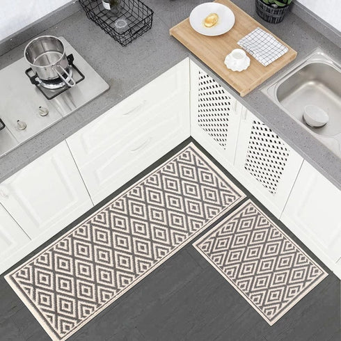 Farmhouse Diamond Turkish Treasures: Premium 2-Piece Kitchen Rug Set - Authentic, Washable, TPE Backing White/Gray