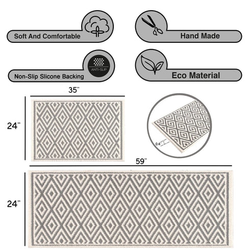 Farmhouse Diamond Turkish Treasures: Premium 2-Piece Kitchen Rug Set - Authentic, Washable, TPE Backing White/Gray