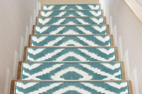Meadow - Blue Turkish Premium Quality Stair Rugs Geometric Indoor Stair Treads Machine Washable