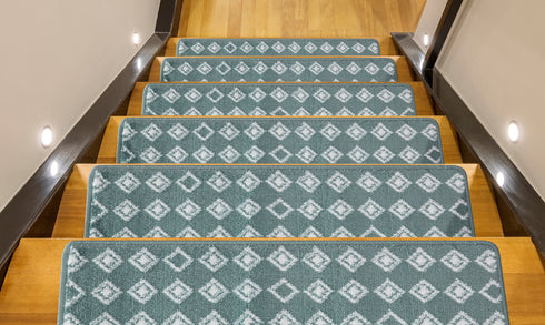 Teal Geometric Carpet Stair Treads (Set of 13)