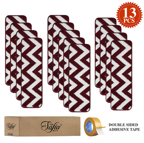 Red & White Wavy Indoor Carpet Stair Treads (Set of 13)