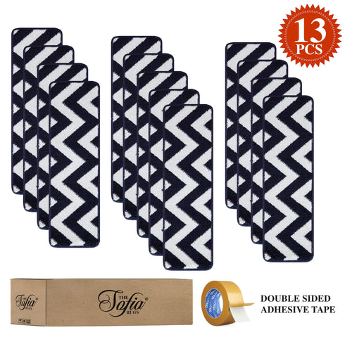 Navy Blue & White Wavy Carpet Stair Treads (Set of 13)