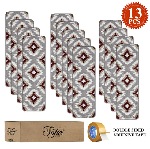 Grey & Red Carpet Stair Runners (Set of 13)