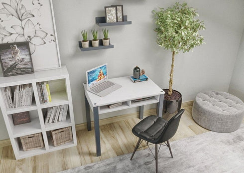 Sofia Home Goods, Computer Desk 35 inch with 2 Drawers, Home Office Writing Study Desk, Natural Wood Desk, Gray and White, Modern Simple Style Laptop Table