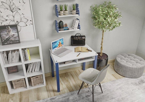 Sofia Home Goods, Computer Desk 35 inch with 2 Drawers, Home Office Writing Study Desk, Natural Wood Desk, Blue and White, Modern Simple Style Laptop Table